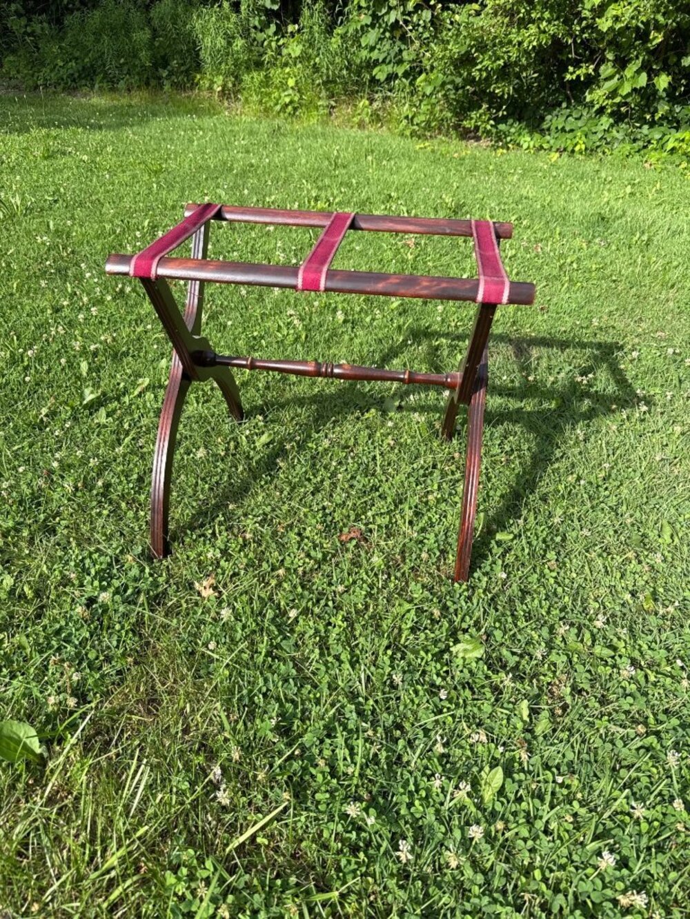 Vintage Folding Luggage Rack Wooden Frame Maroon Fabric Straps Stand